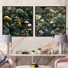 there are two paintings on the wall in this living room, one is green and the other is pink