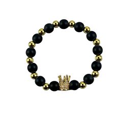 18k Gold Plated And Black Beads Gold Crown Charm Stretch Bracelet Circumference - 7" Captivating And Versatile Look Simple But Sophisticated Design New With Tag Condition Crown Charm, Faux Pearl Bracelet, Jasper Bracelet, Crystal Bangle, Buckle Bracelet, Brass Bracelet, Mesh Bracelet, Gold Crown, Gold Bracelet Chain