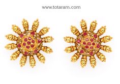 22 Karat Gold Earrings for Women with Color Stones - 235-GER11022 - in 14.850 Grams for USD $1265.29. 
Made in India by Totaram Jewelers Online this product is in Gold - 22 Karat BIS Hallmark 916 KDM Gold  & is an excellent gift for Adult - Women. Ships fully insured with secured guaranteed delivery for free with your order over $250 from New Jersey USA & comes with 30 days exchange policy. Traditional 22k Gold Earrings With 17 Jewels, Hand Set 22k Yellow Gold Earrings, Temple Jewelry Style Ruby Earrings In Yellow Gold, Yellow Gold Ruby Temple Jewelry Earrings, 22k Gold Earrings, Gold Earrings For Women, Color Stones, Gifts For Adults, 22k Gold