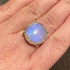 This Stunning 7+Ct Natural Rainbow Moonstone Round Solid Sterling Silver Ring, Stamped 925 Is World Class! The Composition Of The Stone Is Gorgeous Which Creates A Lot Of Rainbow Color Flare. Please Checkout The Info I’ve Provided In Photos On What Gives Natural Moonstones Their Desired Flashy Color. White Gold Round Cabochon Gemstones, White Sterling Silver Moonstone Ring In Celestial Style, Moonstone Jewelry With Large Round Stone, Polished Moonstone Fine Jewelry Ring, Round Moonstone Jewelry With Large Stone, Polished Moonstone Ring In Fine Jewelry Style, Celestial Round Moonstone Ring For Formal Occasions, Fine Jewelry White Gold Moonstone Cabochon Ring, Polished Round Moonstone Ring In Fine Jewelry Style