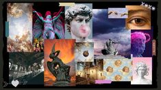 a collage of pictures with many different things in the background, including an angel statue