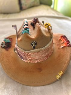 Handdecorated and Painted Western Hat Cowhide Arrowhead Piscean 13 Wearable Art - Etsy Handmade Southwestern Hats For Ranch, Southwestern Style Brown Hat For Festival, Handmade Southwestern Multicolor Hats, Handmade Artisan Hat Bands For Western-themed Events, Handmade Multicolor Southwestern Hats, Custom Brown Hat Bands For Festival, Hand Painted Western Hat Bands For Rodeo, Unique Handmade Hat Bands For Beach, Hand Painted Western Hat Bands For Festival