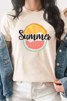 Experience the taste of summer with our vibrant Summer Fruit Slices Watermelon Orange Graphic Tee. This tee features an eye-catching design showcasing juicy watermelon and refreshing orange slices, creating a delightful summer vibe. White, Cream and Citron tees are 100% cotton, Ash tees are 99/1 cotton/poly. Peach is 52/48 cotton/poly. Whether you're lounging by the pool, exploring tropical destinations, or simply enjoying the sunny weather. By Kissed Apparel.Made In: USAFabric Contents: Most t- Peach Short Sleeve T-shirt For Summer, White T-shirt With Lemon Print For Summer, Fruit Print Tops For Beach In Spring, Orange Crew Neck Summer T-shirt, Fun Short Sleeve T-shirt For Summer Activities, Summer Fruit Print Tops For Beach, Summer Lemon Print Tops For Vacation, Summer Beach Tops With Fruit Print, Beach Cotton Tops With Lemon Print