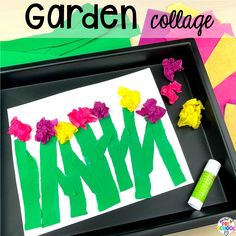 a black tray with flowers cut out of paper on it, and the words garden collage