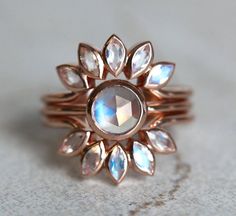 Rose Gold Moonstone Ring, Boho Engagement Ring, Moonstone Engagement Ring Set, Gold Moonstone Ring, Channel Set Rings, Flower Engagement Ring, Chalcedony Stone, Moonstone Engagement, Wedding Rings Solitaire