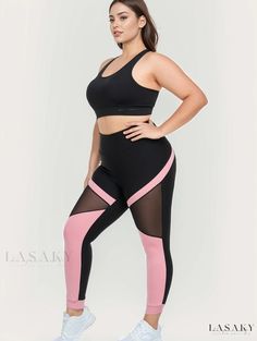 Lasaky - High Rise Colorblock Contrast Mesh Leggings for Women, Designed for Plus Size and Sports Activities Sportswear Gym Leggings With Color Block, Sporty Color Block Leggings For Sports, Stretch Sports Bottoms With Splicing, Stretch Sport Bottoms With Splicing, Workout Activewear With Contrast Panels, Athleisure Activewear With Stretch Splicing, Black Spliced Activewear For Gym, Pink Mesh Activewear For Gym, Black Gym Activewear With Contrast Color