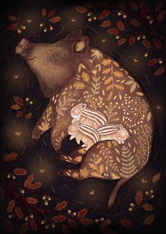 a painting of a mother bear and her baby in the woods with leaves on it