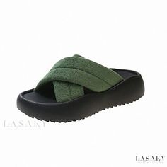 Lasaky - Elevated Platform Anti-Slip Sandals: Simple and Stylish Beach Slides Green Casual Eva Slippers, Green Eva Slippers For Beach, Green Eva Slippers For The Beach, Beach Slide Platform Slippers, Summer Platform Slide Footbed Sandals, Beach Slide Slippers With Platform, Green Open Toe Platform Slippers With Synthetic Material, Green Open Toe Synthetic Platform Slippers, Casual Green Flat Heel Flip Flops