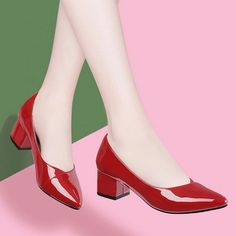 Olivia Mark - Chic Red Leather Chunky Heel Pointed-toe Single Shoe with Soft Leather and Shallow Mouth Red Leather Shoes, Rough Heels, Mesh Heels, Casual High Heels, Club Shoes, Pu Heels, Peep Toe Sandals, Buckle Sandals, Black High Heels