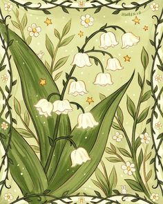 a painting of white flowers and green leaves on a light green background with gold stars