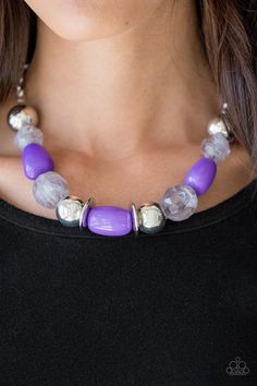 Dramatic silver, vivacious purple, and faceted cloudy beads are threaded along an invisible wire below the collar for a seasonal look. Features an adjustable clasp closure. Get The Complete Look!Bracelet: "BAY After BAY (Sold Separately) Earthy Style, Faceted Bead Necklace, Orange Necklace, Cats Eye Stone, Silver Bead Necklace, Purple Necklace, Box Accessories, Green Gems, Silver Feather