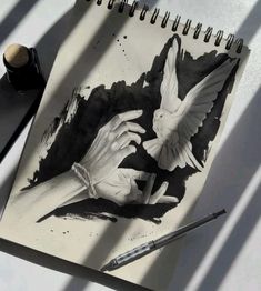 a drawing of two hands reaching for a dove