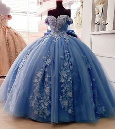 The wedding dress does not include any accessories such as gloves, wedding veil and the crinoline petticoat ( show on the pictures ). Dress color =___ (optional). Our Dress Maker suggest you choose "Detailed Size" Option. Robes Quinceanera, Off Shoulder Ball Gown, Sweet 15 Dresses, Quinceñera Dresses, Quinceanera Dresses Blue, Pretty Quinceanera Dresses, Blue Ball Gowns, Quince Dress, A Line Evening Dress