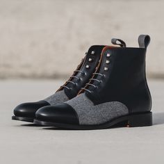 A modern twist on a classic military style. Stay sharp with this unique twist on our jumper boot. Features: Light Grey Flannel vamp and back Box Calf Black Zurigo traditional rounded toe Orange Leather Lining Old Silver Metal Grey Laces Black Outsole Leather Orange Sole Handcrafted with Passion Goodyear Welt Construction Can be Resoled Winter Combat Boots With Leather Sole And Snip Toe, Winter Moto Boots With Leather Sole And Plain Toe, Business Winter Chelsea Boots With Rubber Heel Cap, Winter Boots With Rubber Heel Cap And Plain Toe, Fall Lace-up Boots With Rubber Sole For Derby, Fitted Moto Boots With Leather Sole For Fall, Fall Leather Sole Cap Toe Lace-up Boots, Winter High-top Moto Boots With Rubber Heel Cap, Plain Toe Boots For Derby In Fall