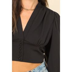 100% polyester Model is 5' 8", 32' chest, 24' waist and 34' hips and wearing a size small. Crop Blouse, Fashion Brand, Puff Sleeve, Ruffle Blouse, Long Sleeve Blouse, Size Small, Women's Top, How To Wear, Black