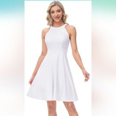 Kate Kasin Women's Sleeveless Halter Lace Cocktail Party Dresses Summer Wedding Guest Homecoming Flared Swing Dresses For Teens/Women Color: White Size: Medium Summer Wedding Halter A-line Dress, A-line Sleeveless Dress For Bridesmaids, White Stretch Sleeveless Dress, Sleeveless Mini Dress For Bridesmaids, Summer Fitted Sleeveless Bridesmaid Dress, White Stretch Halter Neck Sleeveless Dress, White Stretch Sleeveless Halter Neck Dress, Halter Neck Sleeveless Dress For Summer Bridesmaid, Summer A-line Sleeveless Bridesmaid Dress