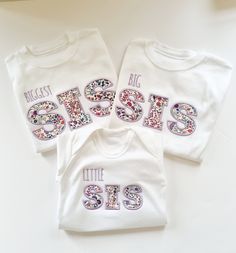 Liberty of London Big Sis Little Sis matching clothes - Gift for New baby girl and Sister -embroidered item Brother/sister sibling baby grow and T-shirt ,Big Brother, Big Sister, Little brother, Little sister, sibling set Everyone loves twinning and this Big Sis & Little Sis set Is the perfect for that  Your two boys will look super cool and super cute in our new Big Bro and Lil Bro t shirts or babygrows. Ideal for twinning and for people having a new little brother entering the family.  Can be White Family Matching Sets With Letter Print, White Cotton Gift Sets, Love Twins, Nursery Bag, Lil Bro, Matching Clothes, Big Sis, New Baby Boys, New Baby Girls