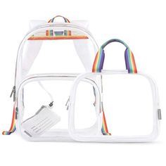 Rainbow Clear Backpack Set (Cute backpacks for school) Cute Clear Backpacks, Girly Backpacks, Cute Backpacks For School, Backpack For Work, Rainbow Backpack, Transparent Backpack, Daycare Bag, Clear Backpacks, Backpack For School