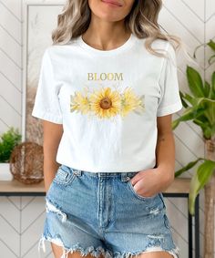 Sunflower - Sunflower Shirt, Floral Tee Shirt, Flower Shirt,Garden Shirt, Womens Fall Shirt, Sunflower Tshirt Sunflower Shirts. Sunshine Tee Most customers feel the shirts fit true to size, however, ladies should size down if you prefer a fitted look or if you have a petite body frame. The shirt is a relaxed /loose fit and will be slightly longer in body length and sleeve length. Please consult size chart within images. Sweatshirts are Bella + Canvas Unisex and super soft! They run true to size. Summer T-shirt With Sublimation Print For Gift, Printed Summer Tops As A Gift, White Summer T-shirt For Gifts, White Summer T-shirt For Gift, White Summer T-shirt Gift, Trendy White T-shirt With Floral Print, Casual Summer Shirt For Gift, White T-shirt With Sunflower Print For Spring, Crew Neck Floral Print T-shirt For Mother's Day