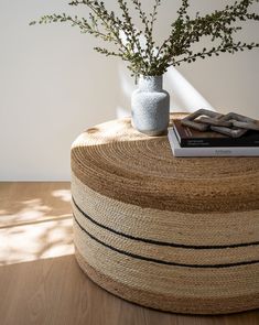 a vase sitting on top of a table next to a stack of books and a plant