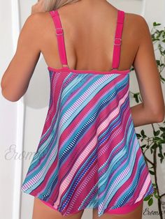 Eromis - Womens Stretchy Sleeveless Beachwear with Stripes, Hollow Out Straps and Backless Top, paired with Shorts - 2 Piece Set, Swimwear and Clothing Sleeveless Swimwear With Built-in Bra For Vacation, Summer Camisole Tankini With Built-in Bra, Pink Sleeveless Swimwear With Built-in Bra, Pink Sleeveless Swim Dress With Built-in Bra, Pink Swim Dress With Built-in Bra, Multicolor Beach Tops With Built-in Bra, Pink Tops With Built-in Bra For Beach, Multicolor Vacation Tops With Built-in Bra, Camisole Swimwear With Built-in Bra For Vacation