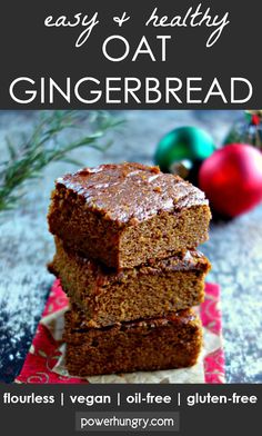 three slices of gluten - free easy and healthy oat gingerbread stacked on top of each other