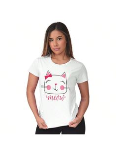 Meow Sweet Kitty Cat Lady Cute Womens T Shirt Ladies Tee White Casual  Short Sleeve Fabric Animal,Cartoon,Geometric,Letter  Medium Stretch  Women Clothing, size features are:Bust: ,Length: ,Sleeve Length: Casual White T-shirt With Cute Design, Trendy Pink Tops With Cat Design, White Casual T-shirt With Cute Design, Trendy Top With Cat Print And Crew Neck, Cute White Tops With Cat Design, Trendy Cotton Tops With Cat Print, Trendy Crew Neck Top With Cat Print, Trendy Cotton Top With Cat Design, Trendy Cotton Tops With Cat Design