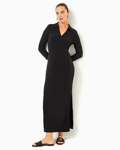 Straight fit, ankle-length, ribbed maxi polo dress. Style features a collar, half placket, 3/4-length sleeves, and side slits. 54 1/2" from top of shoulder to hem (based on a size small/4). Fits against body at chest and hip with more room at the waist.  Harbor Rib (95% Rayon, 5% Spandex). Machine wash cold, delicate cycle, separately, or dry clean. Imported. A sleek and versatile outfitter for days around town, the Ollie Dress is a polo-style maxi design made from ribbed fabric for a fabulous f Collared Fitted Maxi Dress For Workwear, Fitted Collared Maxi Dress For Work, Collared Maxi Dress For Formal Fall Occasions, Collared Maxi Dress For Formal Fall Events, Chic Fitted Collared Maxi Dress, Maxi Design, Polo Style, Polo Dress, Ribbed Fabric