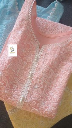 Chickenkari Kurta Designs, Lucknowi Kurta Neck Designs, Neck Designs For Chikankari Suits, Chikenkari Dress Ideas Kurti Neck Design, Kurti Neck Lace Design, Chikankari Kurti Neck Designs, Chikan Kurti Neck Designs, Cotton Lace Neck Design, Chikenkari Kurti Ideas