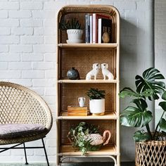 a wicker shelf with plants and books on it