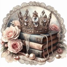 a crown sitting on top of two books with pearls and roses next to each other