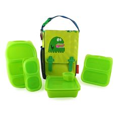 a lunch box with green plastic containers and matching utensils, including a sandwich bag