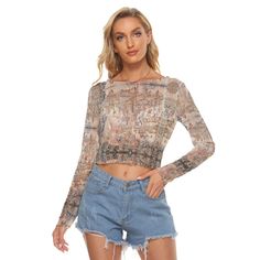 Medieval Castle Art comes alive in this silky semi-sheer crop top  ● Fabric: Mesh (88% polyester and 12% spandex) ● Skinny fit ● Long sleeves, short crop top. ● Care Instruction: machine wash cold with similar colors, do not bleach, tumble dry low, do not iron, do not dry clean. Stretch Sheer Cropped Top, Sheer Stretch Cropped Top, Sheer Stretch Cropped Crop Top, Summer Cropped Mesh Top, Sheer Mesh Top Y2k Summer Style, Sheer Mesh Top, Y2k Style For Summer, Trendy Sheer Fitted Crop Top, Trendy Fitted Sheer Crop Top, Sheer Cropped Mesh Top For Fall