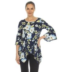 White Mark Women's Floral Blanche Tunic Top drapes stunningly on the body. It features a beautiful floral print, scoop neckline,  bell sleeves, and a SharkBite hemline for a stylish finish. Side pockets are hidden on each side to store small essentials such as wallet or keys. The material is made from a high-quality Polyester and Spandex blend fabric thats super soft and lightweight. White Mark Women's Floral Blanche Tunic Top styles perfectly with leggings or jeans. Size: M.  Color: Blue.  Gender: female.  Age Group: adult. Spring Floral Print Bell Sleeve Blouse, Elegant Floral Print Stretch Blouse, Elegant Stretch Floral Print Blouse, Fitted Floral Print Blouse With Bell Sleeves, Elegant Floral Print Stretch Top, Stretch Floral Print Blouse For Brunch, Elegant Stretch Floral Print Top, Handkerchief Hem Top, Fashion White