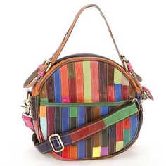 a multicolored handbag on a white background with strap around the bottom and shoulder