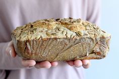 a person holding a loaf of bread with nuts on it's side and in their hands