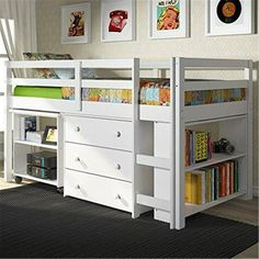 there is a white bunk bed with drawers and bookshelves in the room,