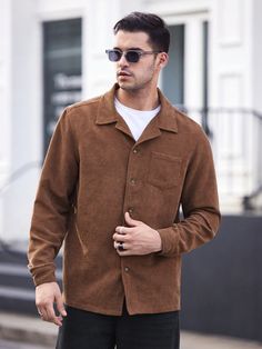 Brown Casual Collar Long Sleeve Woven Fabric Plain  Embellished Non-Stretch  Men Clothing Cropped Leather Jacket, Slim Fit Top, Elegant Dresses Long, Women Midi, Men Clothing, Womens Midi Dresses, Workout Tops, Shirt Jacket, Women Lingerie