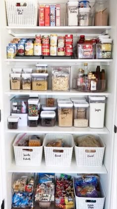 an organized pantry filled with food and containers