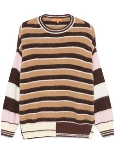 walnut brown/multicolour knitted construction brushed finish horizontal stripe pattern crew neck drop shoulder long sleeves ribbed cuffs and hem Stine Goya, Crew Neck Jumper, Liberty Fabric, Brown Sweater, Knitwear Cardigan, Knitted Jumper, Knit Jumper, Stripes Pattern, Drop Shoulder