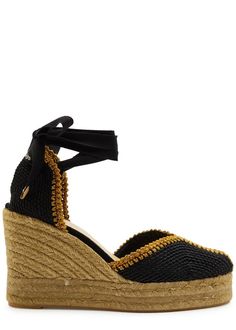 Info & Care:.Handmade.Castañer raffia espadrilles.Wedge heel measures approximately 4.5 inches/ 110mm with a 1.5 inches/ 35mm platform.Glittered weave trims, woven cut-out heel, logo embroidery at heel panel, rubber sole, almond toe.Tie-fastening ankle straps.Size & Fit:.Only available in full sizes, go up to the nearest whole size if you take a half size.This style may not be suitable for wide feet.Displayable Product Name: Coeur 110 raffia wedge espadrilles.Style Number: 997303.Merret Style Nu Ankle Tie Espadrilles, Castaner Espadrilles, Espadrilles Style, Wedge Espadrilles, High Wedges, Brown Wedges, Womens Sandals Wedges, Woven Raffia, Black Wedges