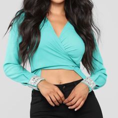 Fashion Nova Blouse, Sizing Is L. Trendy Light Blue Top For Party, Trendy Light Blue Party Top, Trendy Light Blue Tops For Night Out, Trendy Light Blue Top For Night Out, Chic Turquoise Tops, Chic Turquoise Blouse For Spring, Elegant Light Blue Tops For Night Out, Elegant Fitted Turquoise Tops, Elegant Light Blue Top For Night Out