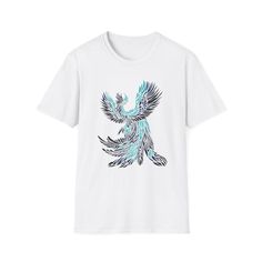 Gorgeous bird art design in a tribal style with flowing feathers and a cool blue, teal and black color scheme. All art is original and hand drawn by the artist Oliver Massicotte. The unisex soft-style t-shirt puts a new spin on casual comfort. Made from very soft materials, this tee is 100% cotton for solid colors. Heather colors and sports grey include polyester. The shoulders have twill tape for improved durability. There are no side seams. The collar is made with ribbed knitting to prevent curling damage.  .: Made with 100% ring-spun cotton, a lightweight fabric (4.5 oz/yd² (153 g/m this unisex t-shirt feels like a bliss to wear all year round.  .: The classic fit with the crew neckline deliver a clean, versatile style that can match any occasion, whether it's formal or semi-formal.  .: Bohemian Blue Printed T-shirt, Bohemian Blue T-shirt With Graphic Print, Bohemian Blue Graphic Print T-shirt, Blue Bohemian Graphic Print T-shirt, Blue Teal, Bird Design, Bird Feathers, Versatile Style, Bird Art