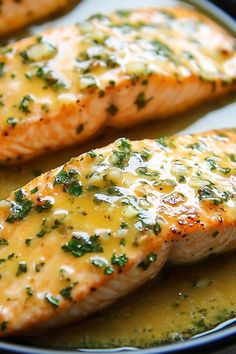 two salmon fillets covered in cheese and herbs