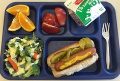 a plastic tray with a hot dog, salad and fruit on it