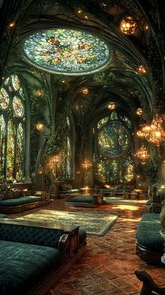 an elaborately decorated living room with chandeliers and stained glass windows is pictured in this image