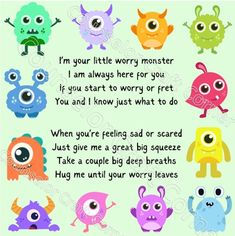 a card with different colored monsters and the words i'm your little worry monster