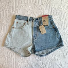 New Levi's Two-Tone Denim Shorts! Brand New, Never Worn, With The Tags Still On. These Are A Two-Tone, Light And Medium Wash Denim, 10.5" High Waisted Shorts With 5 Button Closure. Standard Pockets And Belt Loops. The Perfect Staple Short For The Summertime! Labeled A Size 24, Fits True To Size, Would Best Fit A Xx/Xs. -High Rise -Hidden Button Fly -Fitted Through The Hip And Thigh -2 1/2" Shortie Short (Inseam) Measurements In Inches, Taken Item Lying Flat: Length - 11"-14" Inseam - 2.7" Waist Jean Shorts Pattern, Wrangler Shorts Women, Aesthetic Jean Shorts, Colored Denim Shorts, Fashion Fairytale, Lainey Wilson, Jean Short Outfits, Shorts High Waisted, High Rise Denim Shorts