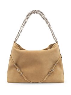 sand beige calf suede decorative buckle strap detailing slouch body two chain-link top handles main compartment internal zip-fastening pocket open top Beige Shoulder Bag With Horsebit Detail, Beige Shoulder Bag With Horsebit Detail For Everyday, Beige Leather Shoulder Bag With Horsebit Detail, Beige Evening Bag With Horsebit Detail, Chic Beige Bag With Horsebit Detail, Elegant Suede Shoulder Bag With Metal Hardware, Chic Suede Shoulder Bag With Silver-tone Hardware, Givenchy Bags, Givenchy Bag