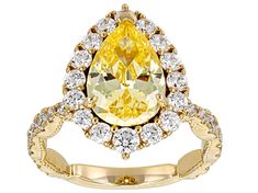 Bella Luce® canary and white diamond simulants 8.25ctw pear and round, Eterno™ 18k yellow gold over sterling silver ring. Measure approximately 0.88" L x 0.69" W and is not sizeable. The diamond equivalent weight is 5.00ctw. Elegant Yellow Pear-shaped Diamond Ring, Fine Jewelry Yellow Pear-shaped Ring, Pear-shaped Yellow Jewelry With Diamond Accents, Yellow Pear-shaped Jewelry With Diamond Accents, Luxury Yellow Pear-shaped Jewelry, Yellow Pear-shaped Ring With Center Stone, Yellow Pear Shaped Fine Jewelry Rings, Yellow Diamond Teardrop Jewelry, Yellow Pear-shaped Fine Jewelry